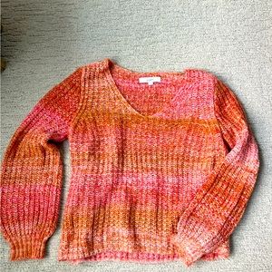 Peach and orange deep V sweater with full bishop sleeves. Loft, size L.